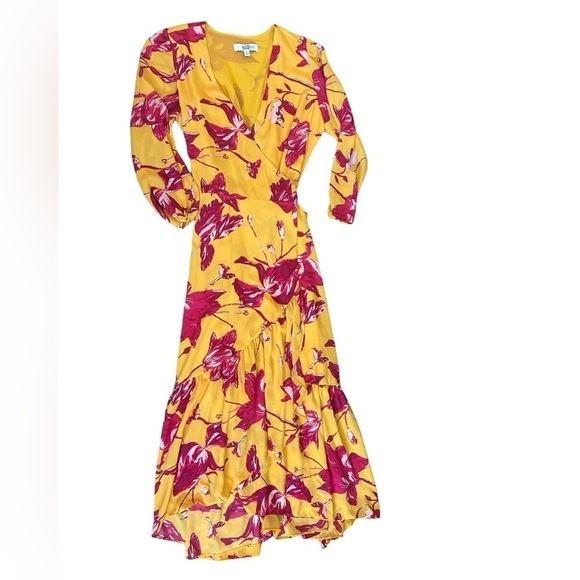 Color Me Courtney Eleanor Yellow Wrap With Pink Flowers Floral Dress Size Small - Picture 6 of 15